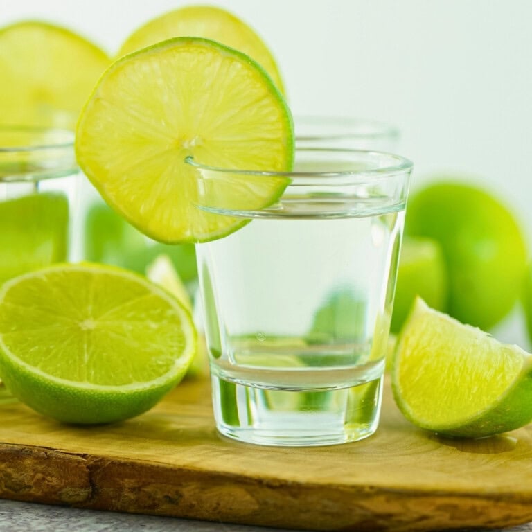A shot glass for Kamikaze shots, rimmed with lime and fresh lime pieces around.