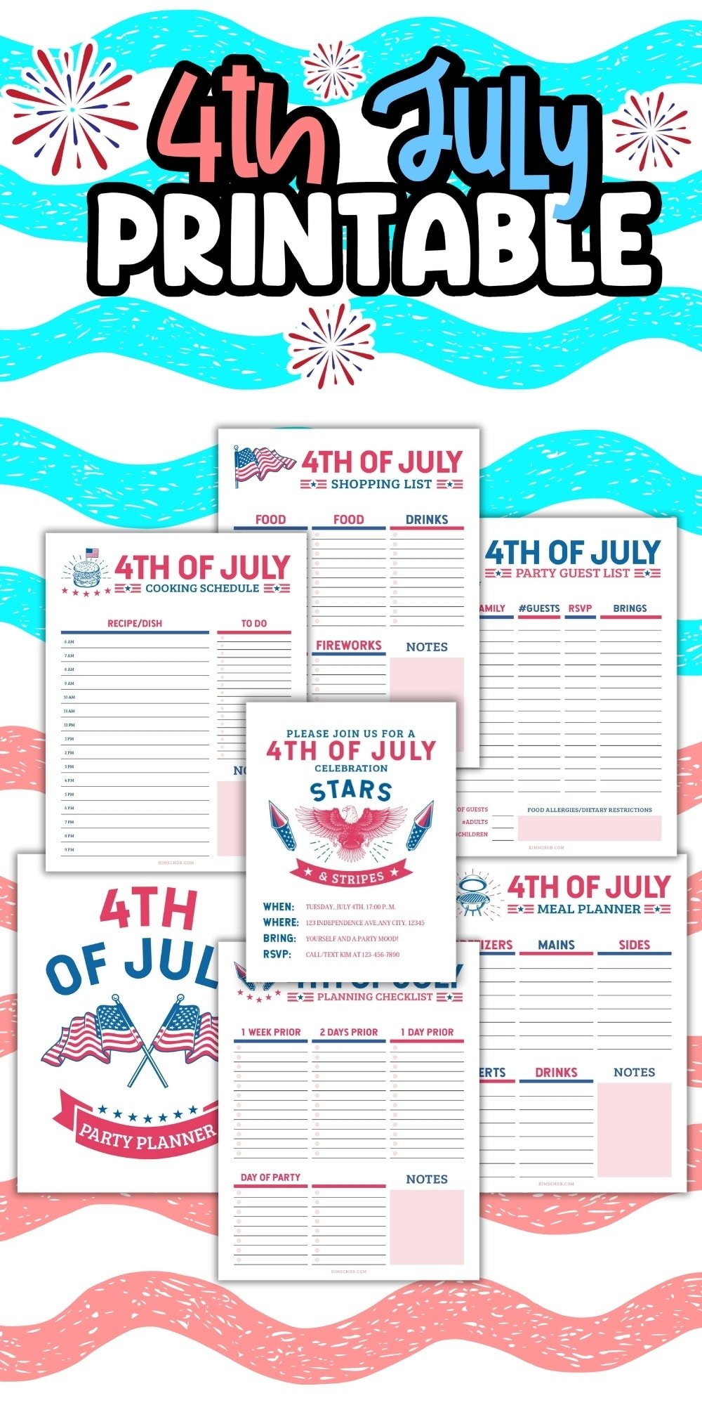 4th of July printable planners and lists with festive red, white, and blue designs.