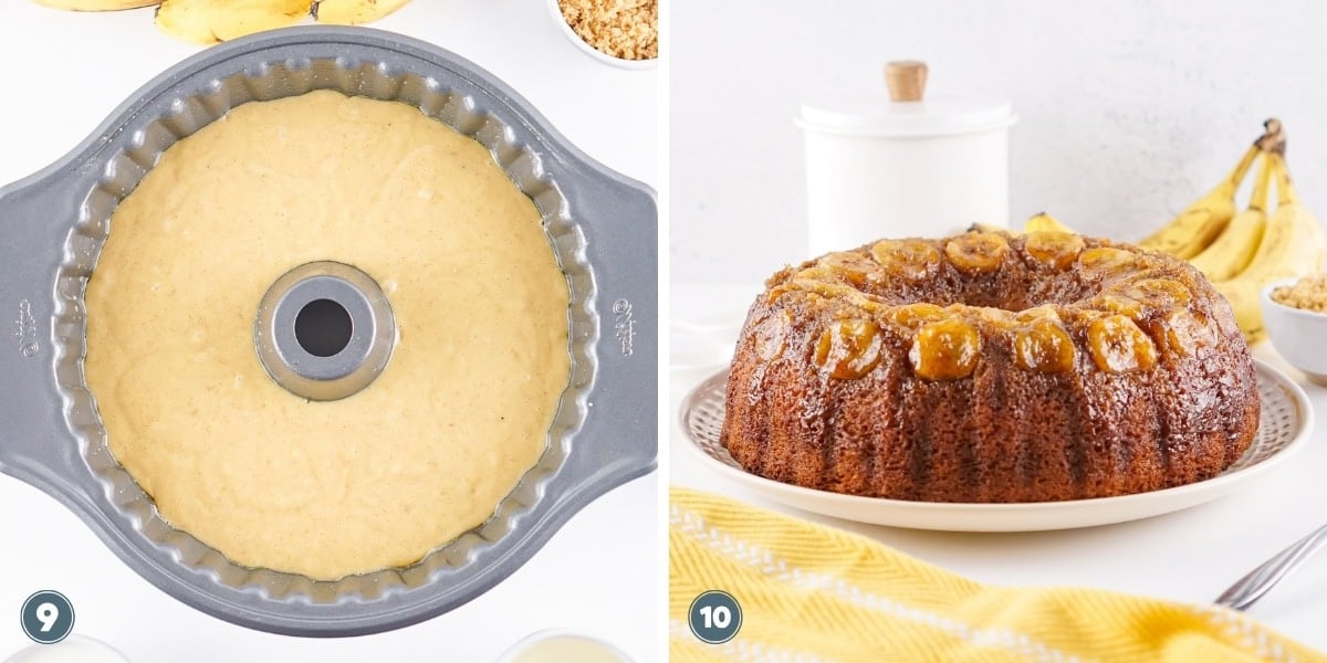 Bundt cake batter in a pan, and baked banana Bundt cake on a plate.
