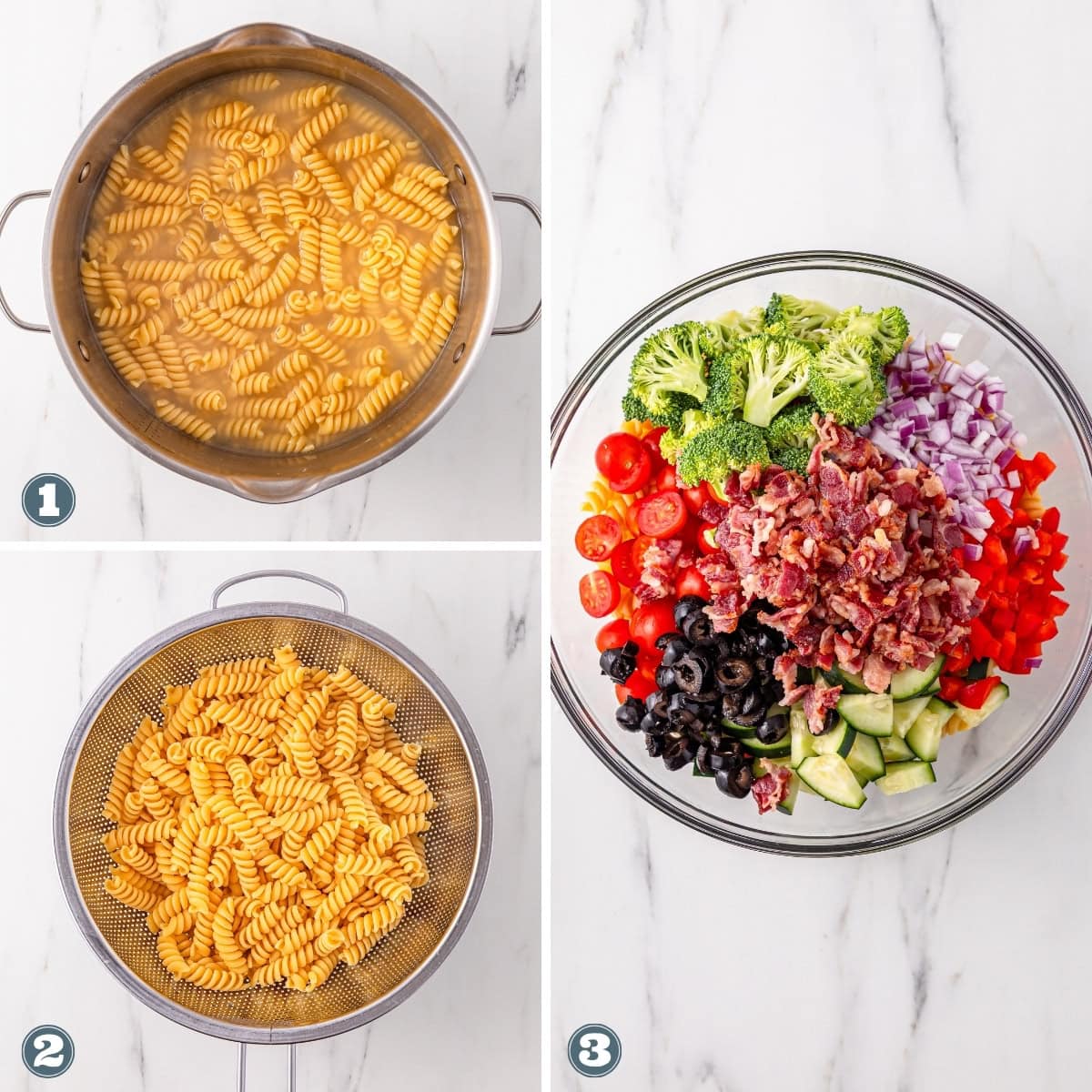 Boiling pasta, drained pasta, and salad ingredients in a bowl on a white surface.