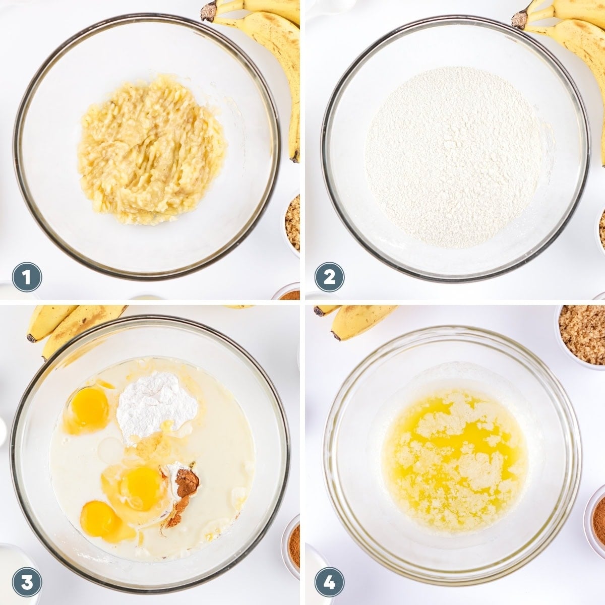 Four bowls showing mashed bananas, flour, baking ingredients, and melted butter.