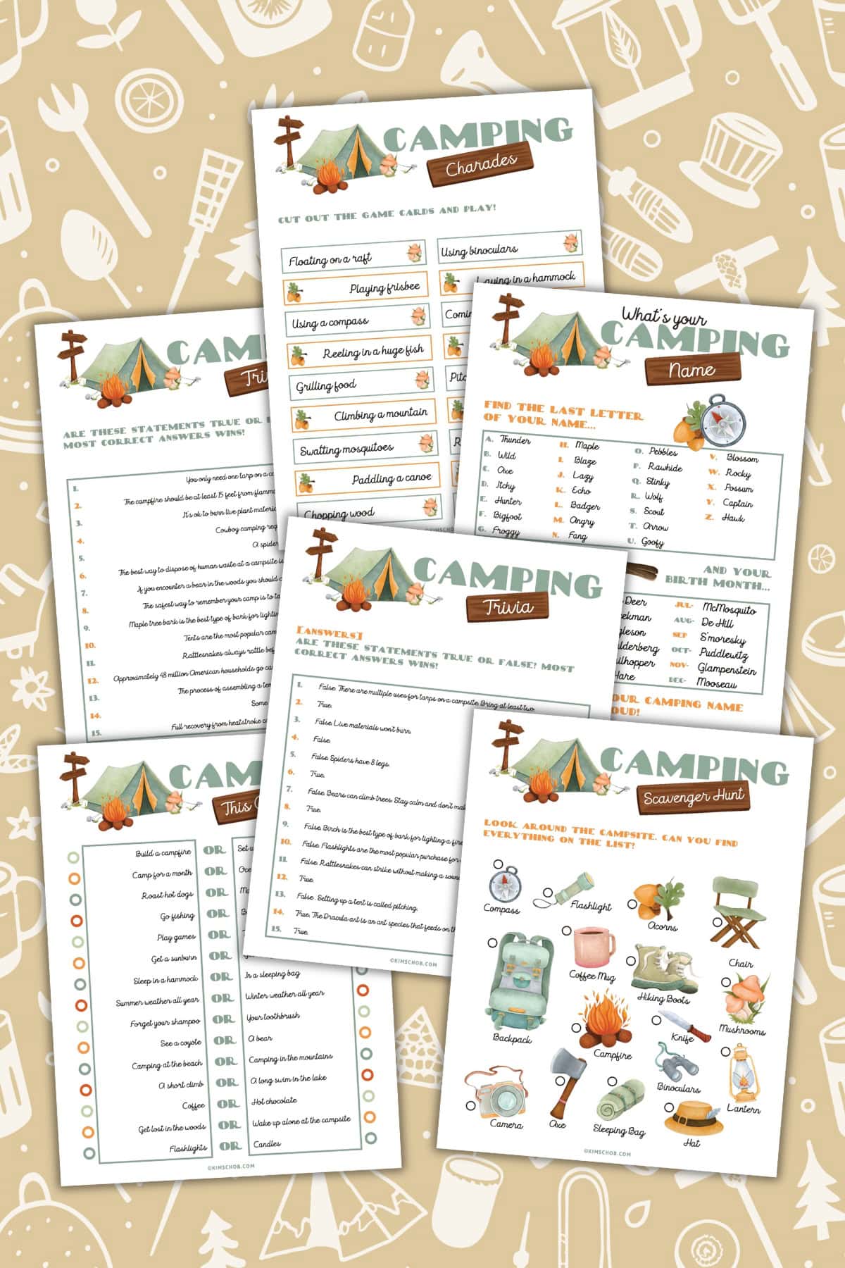 Camping-themed activity sheets.