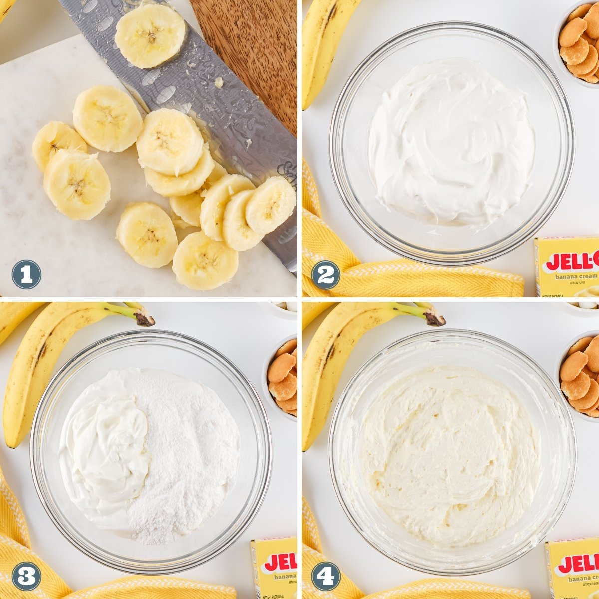 Banana pudding preparation with bananas and whipped cream.