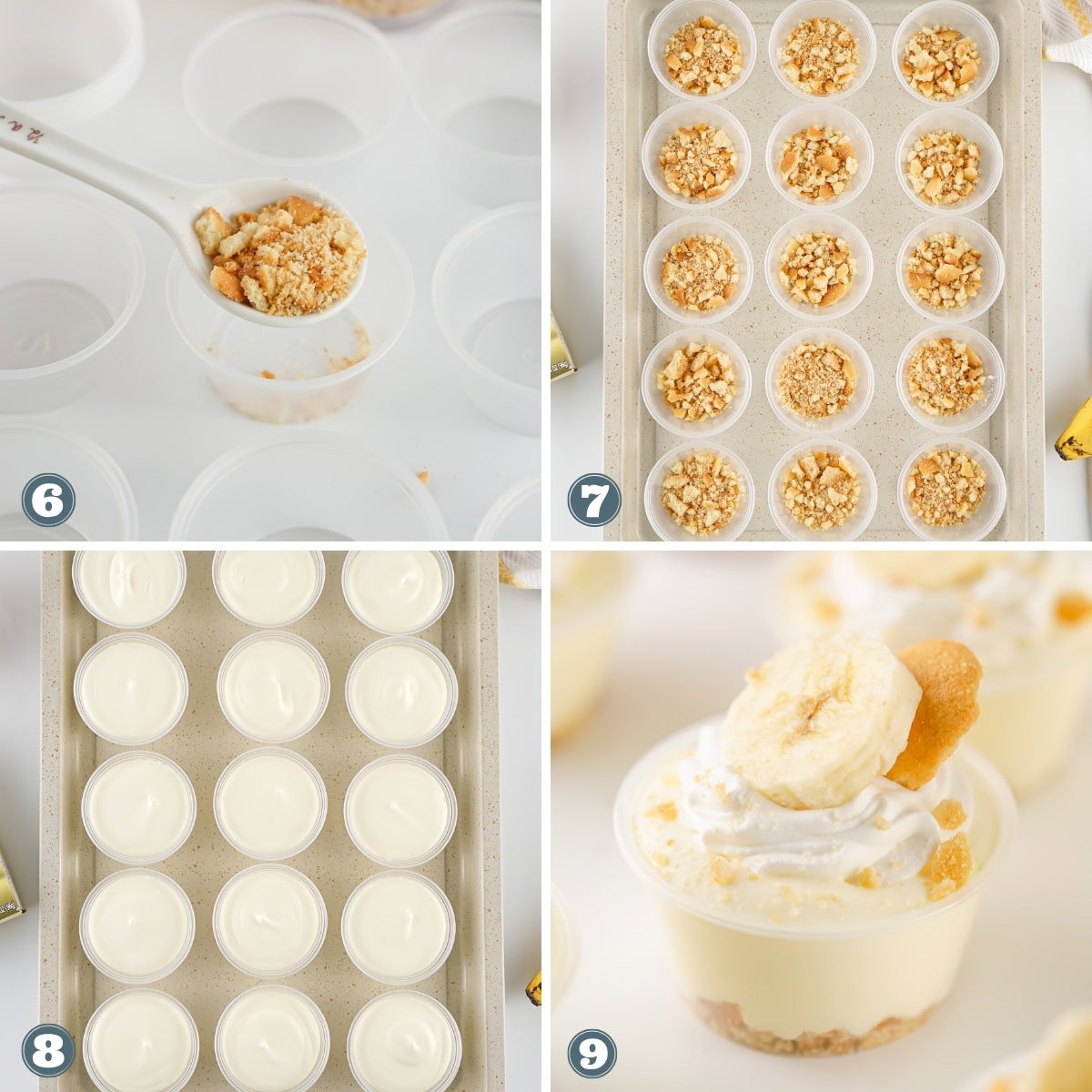 Banana pudding shots in small plastic cups.