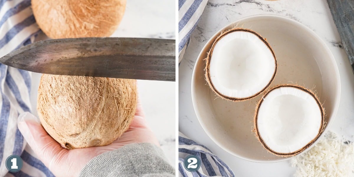 Knife scoring a whole coconut and coconut halves in a bowl on a white surface.