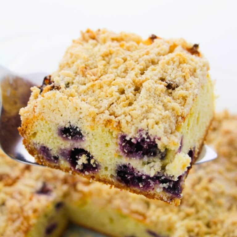 A slice of blueberry crumb cake one of the best easy blueberry recipes being served.