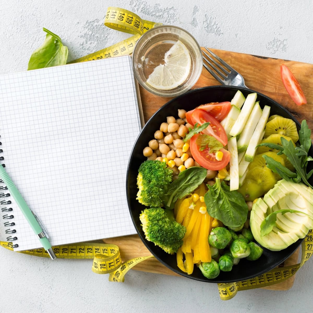 A bowl of fresh vegetables and fruit for your summer meal plan sits by a notepad.