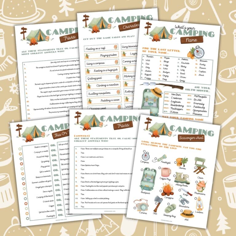 Camping-themed activity sheets on a beige patterned background.