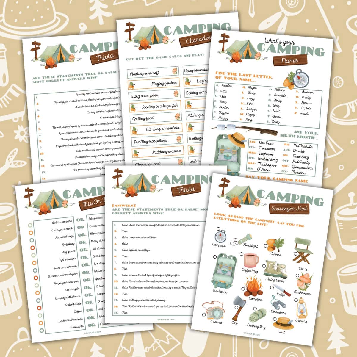 Camping-themed activity sheets on a beige patterned background.