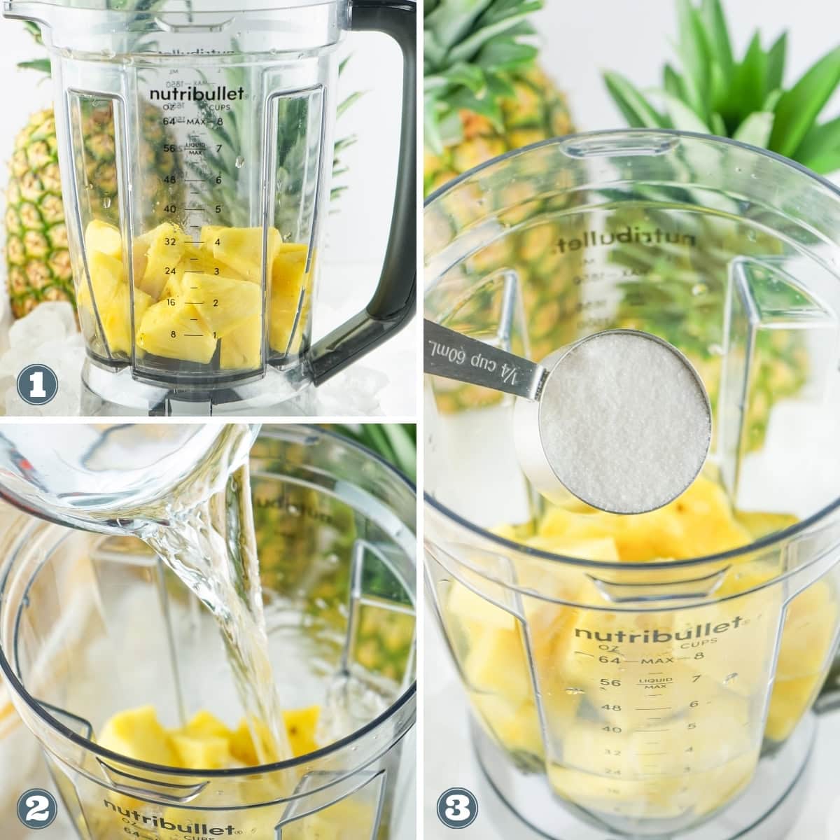 Blender with pineapple, water being poured, and sugar being measured.