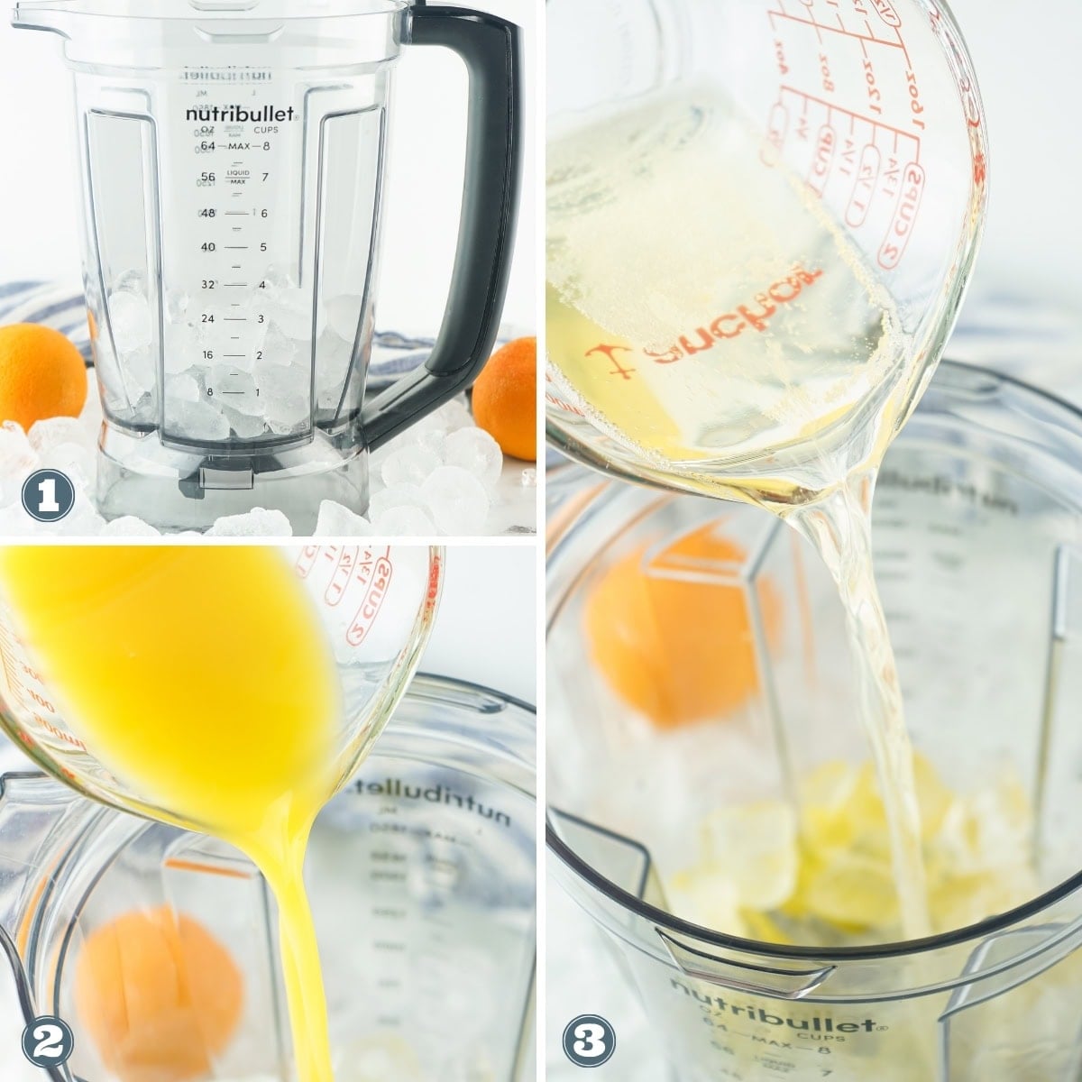 Blender with ice and oranges, juice and syrup being poured into the blender.