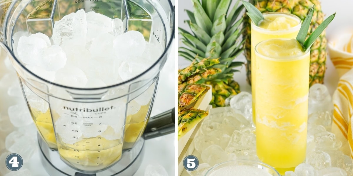 Blender with ice, and two tall glasses of yellow frozen drink with pineapple.
