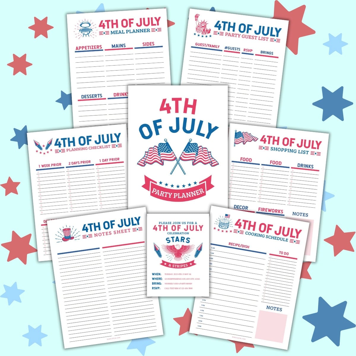 Fourth of July party planning sheets with patriotic designs and stars in the background.