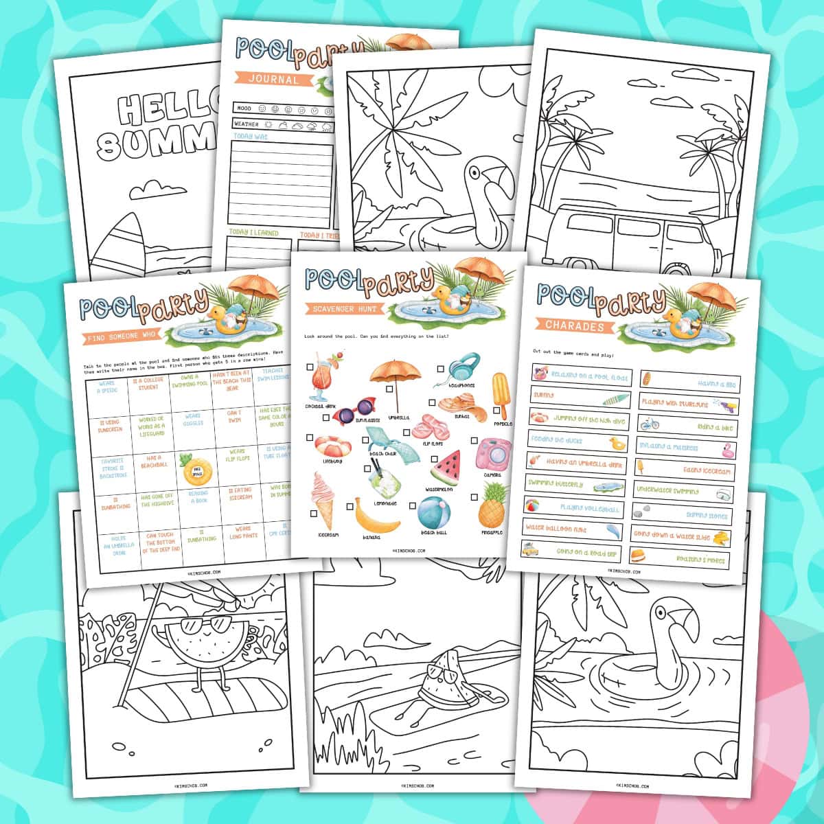 Eight pool party-themed activity and coloring pages for kids.
