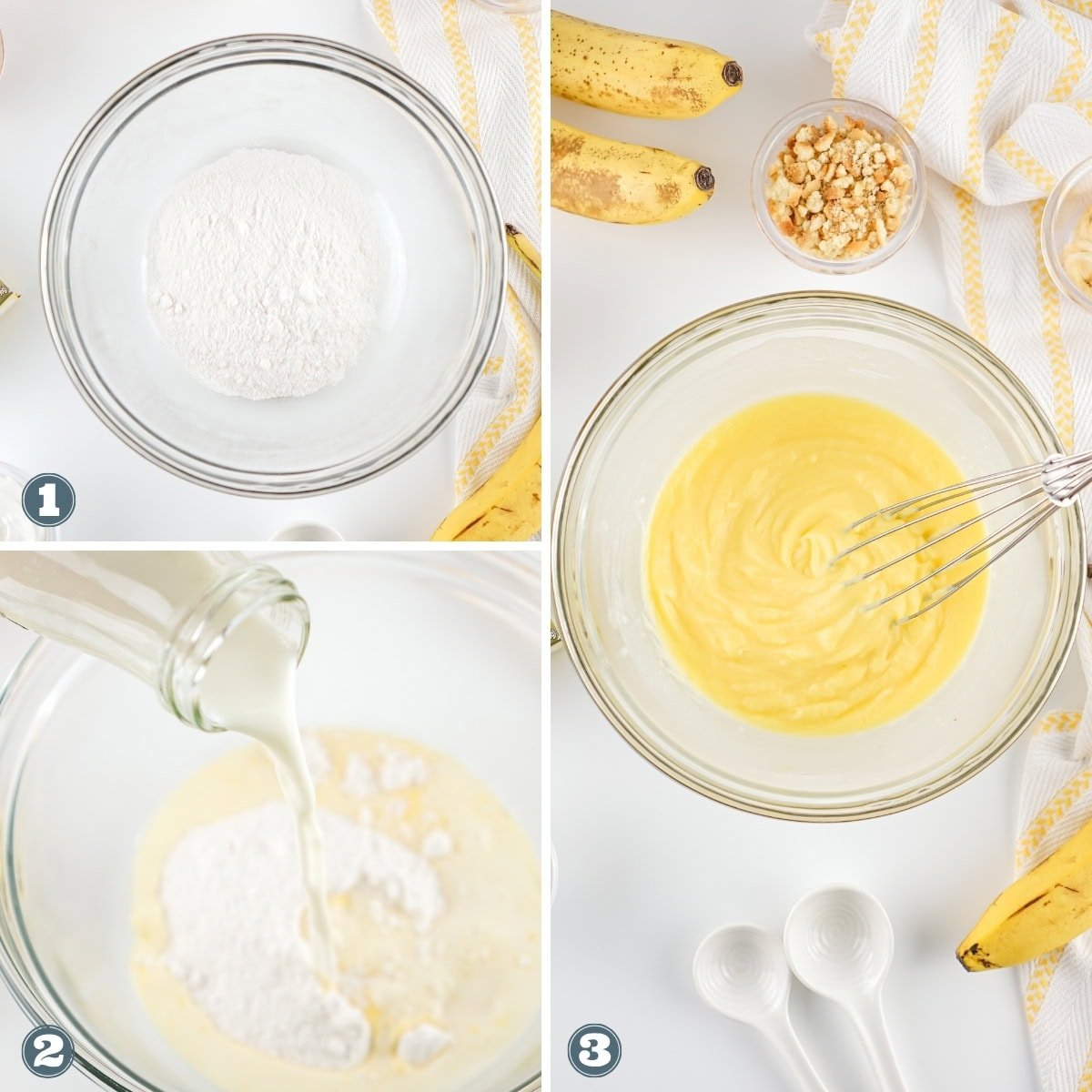 Banana pudding ingredients being mixed in clear bowls on a white surface.