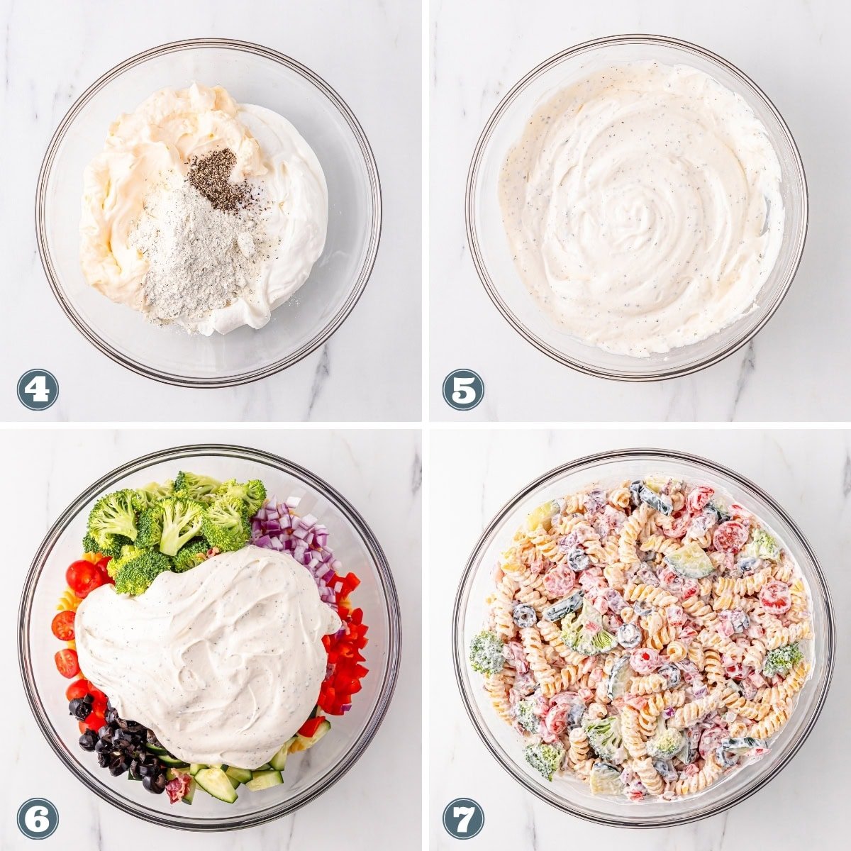 Four steps showing pasta salad being mixed with veggies and creamy dressing in bowls.