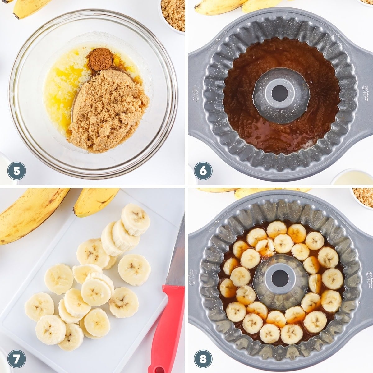 Banana slices and brown sugar in a bundt cake pan.