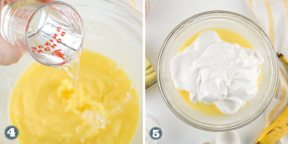 Pouring liquid into yellow mixture, and whipped cream on yellow mixture.