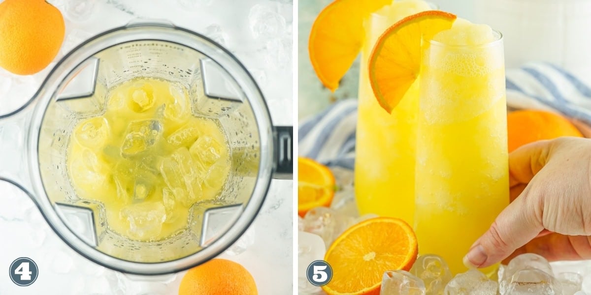 A blender with ice and juice, and two orange slush drinks, one being picked up.