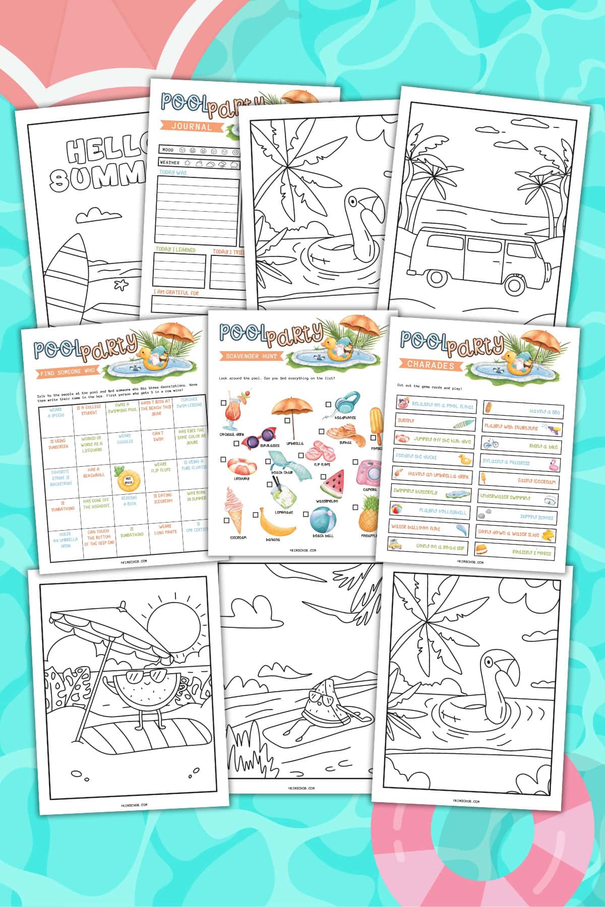Printable pool party activity and coloring sheets.