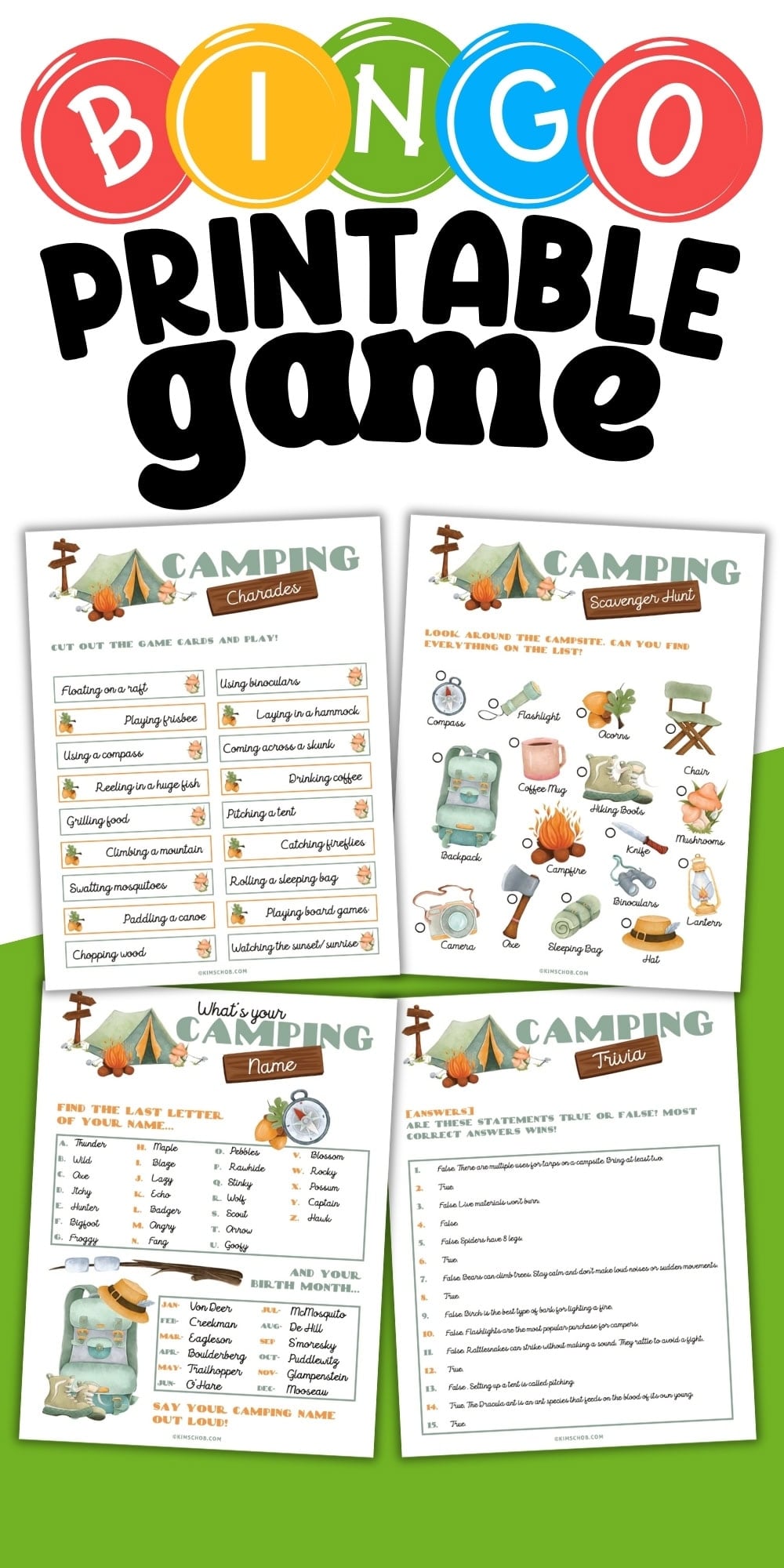 Camping-themed printable game sheets.