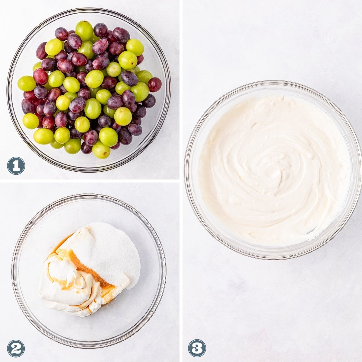 Bowl of green and red grapes, and bowl with creamy mixture.