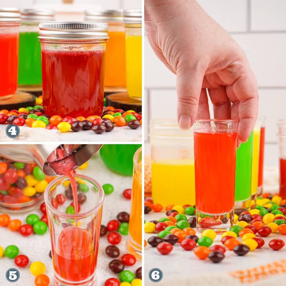 Red drink in jars and shot glasses, surrounded by Skittles candy.
