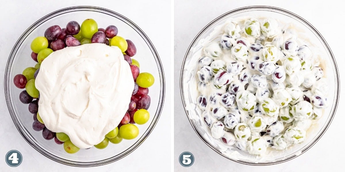 Two bowls with grapes and creamy mixture before and after being mixed together.