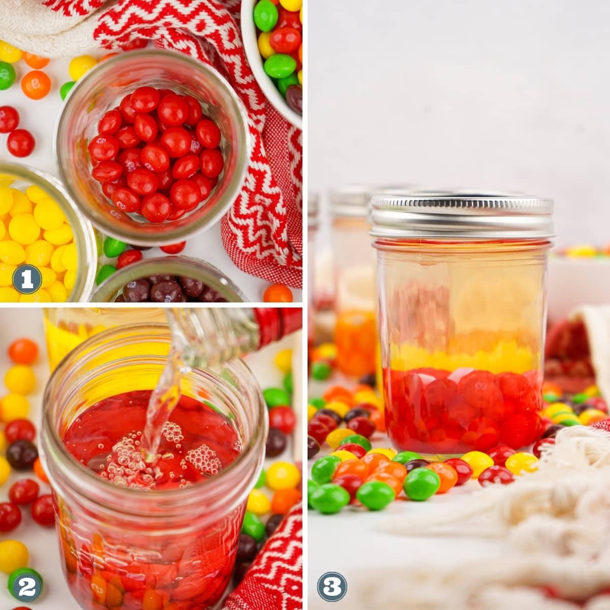 Three-step process of adding water to candy in a jar, with colorful candy around.