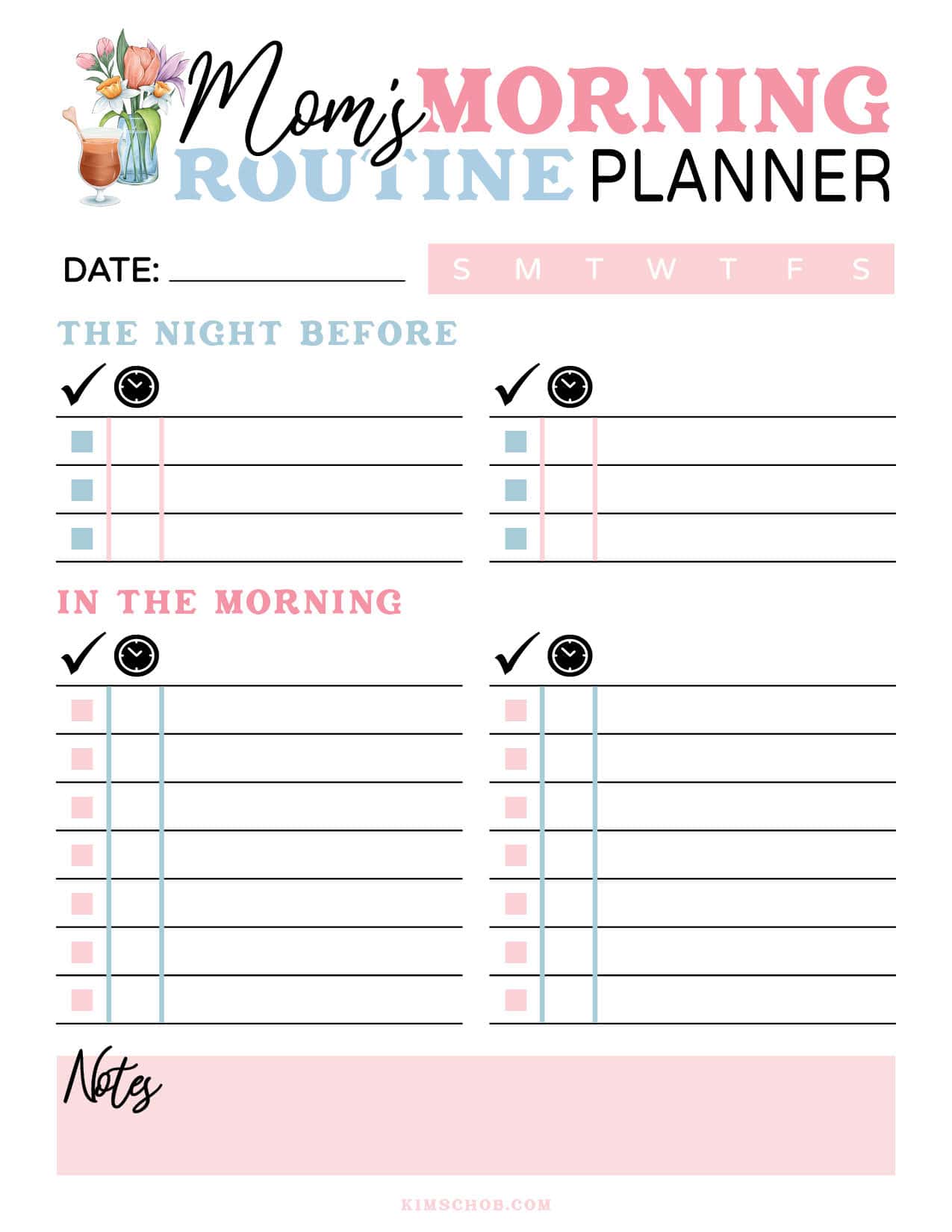 Mom’s morning routine planner with checklists for night before and morning tasks.