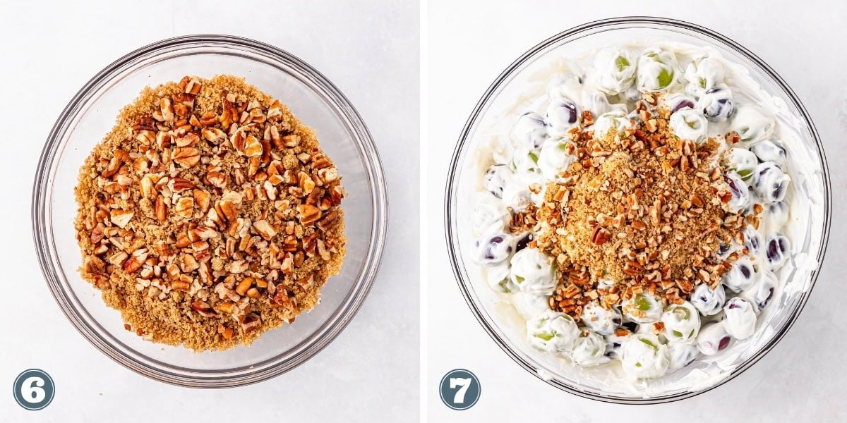 Two bowls: one with crumb and pecan topping, one with creamy grape salad.