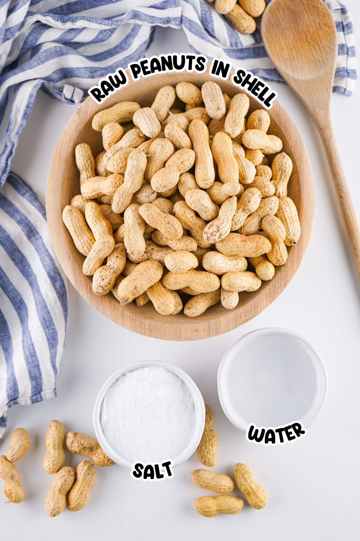 Bowl of raw peanuts in shell with bowls of salt and water on a white surface.