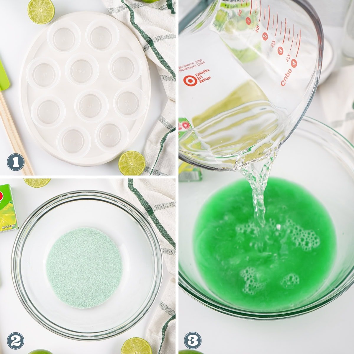 Empty mold tray, green gelatin powder in bowl, and water poured into green mixture.