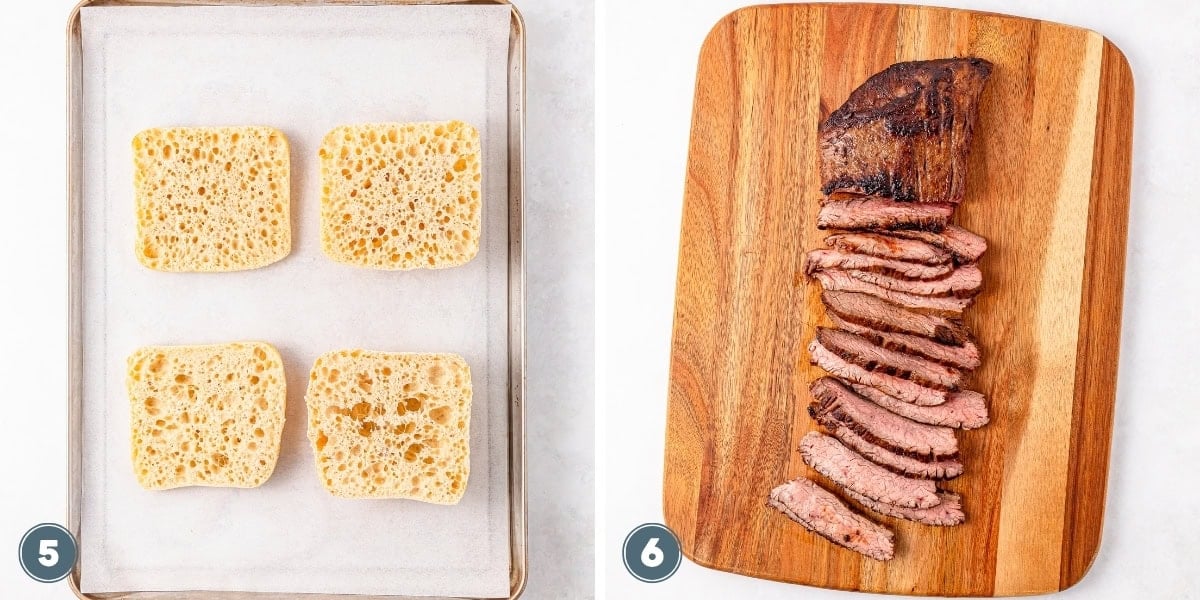 Four bread slices on a tray and sliced cooked steak on a wooden cutting board.