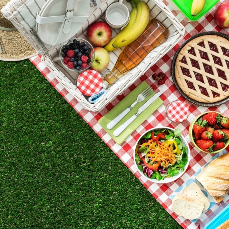 Picnic setup on grass with fruit, salad, pie, bread, and drinks on a red cloth.