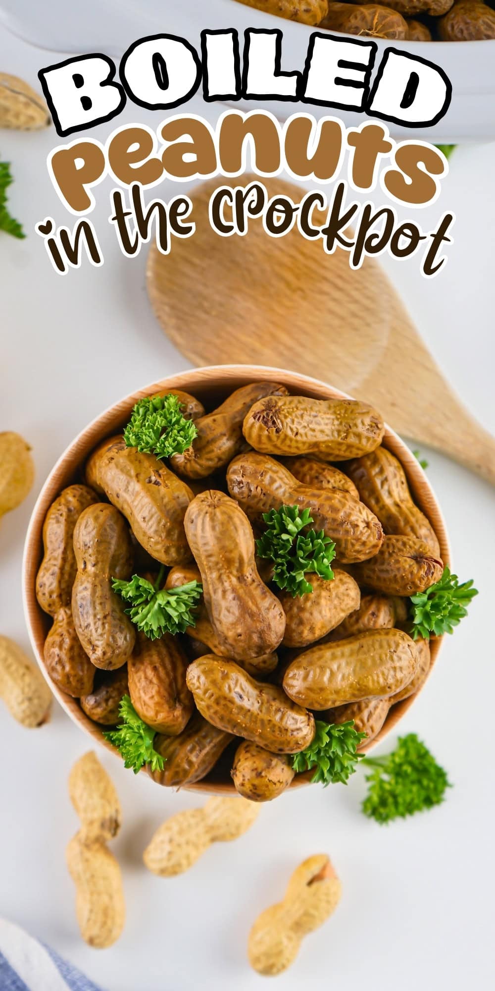 A bowl of boiled peanuts garnished with parsley, surrounded by loose peanuts.