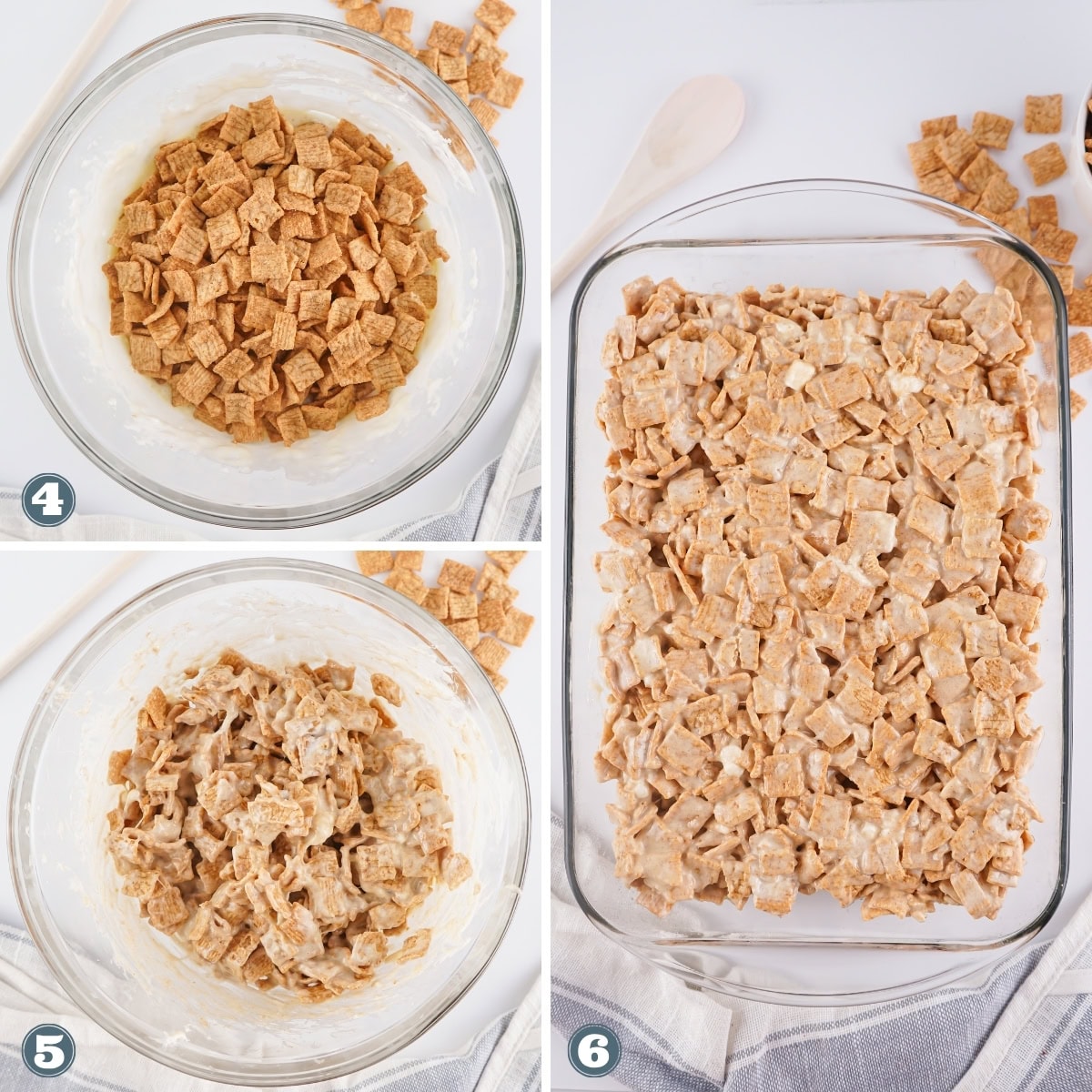 Cinnamon cereal mixed with marshmallow in a bowl and spread in a baking dish.
