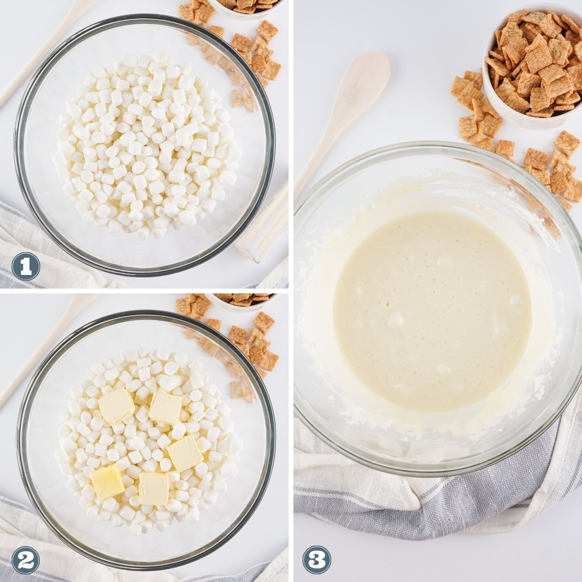 Marshmallows and butter being melted in a bowl.