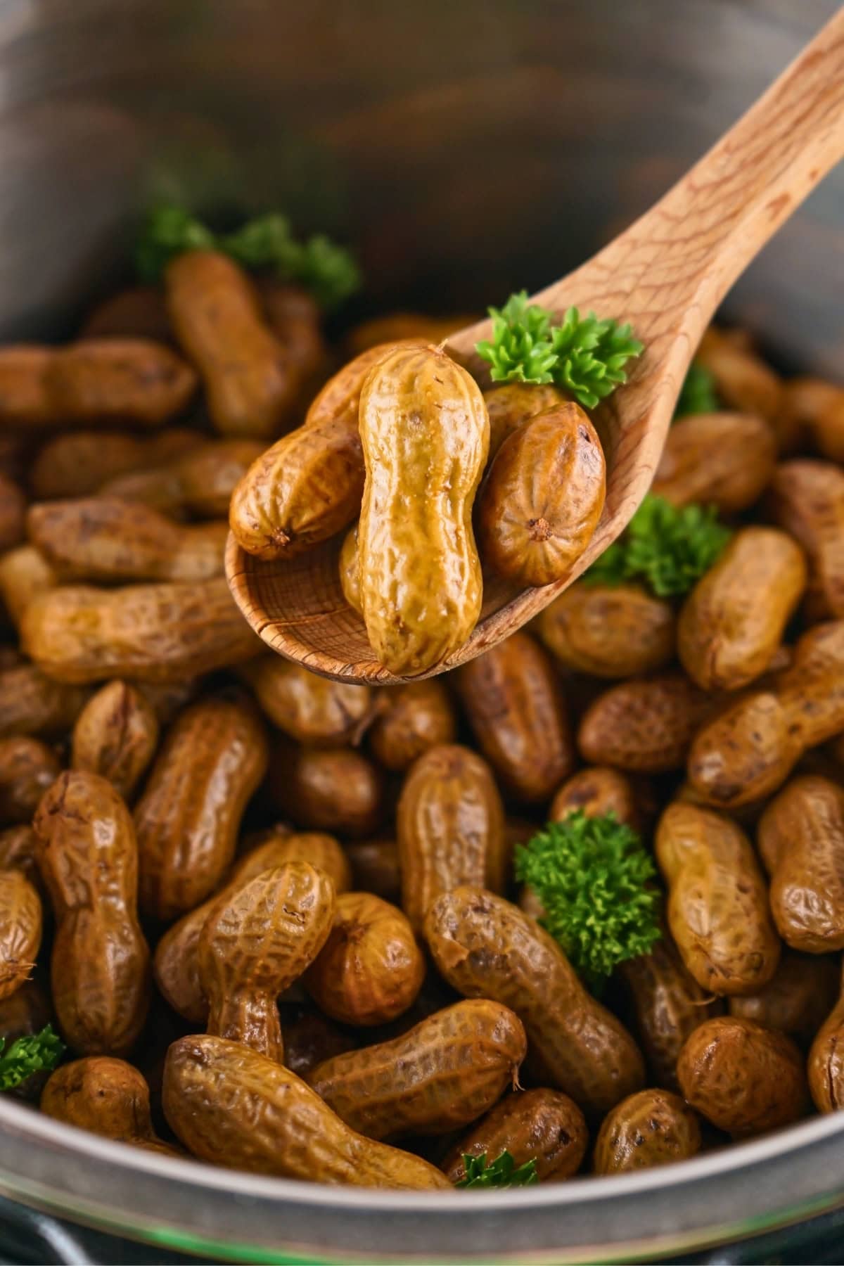 A wooden spoon scoops boiled peanuts from a pot, garnished with parsley.