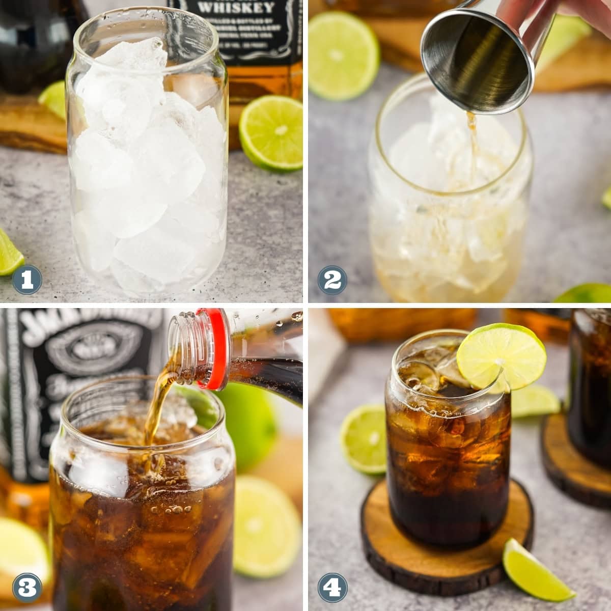 Four-step process showing how to make a whiskey and cola with lime garnish.