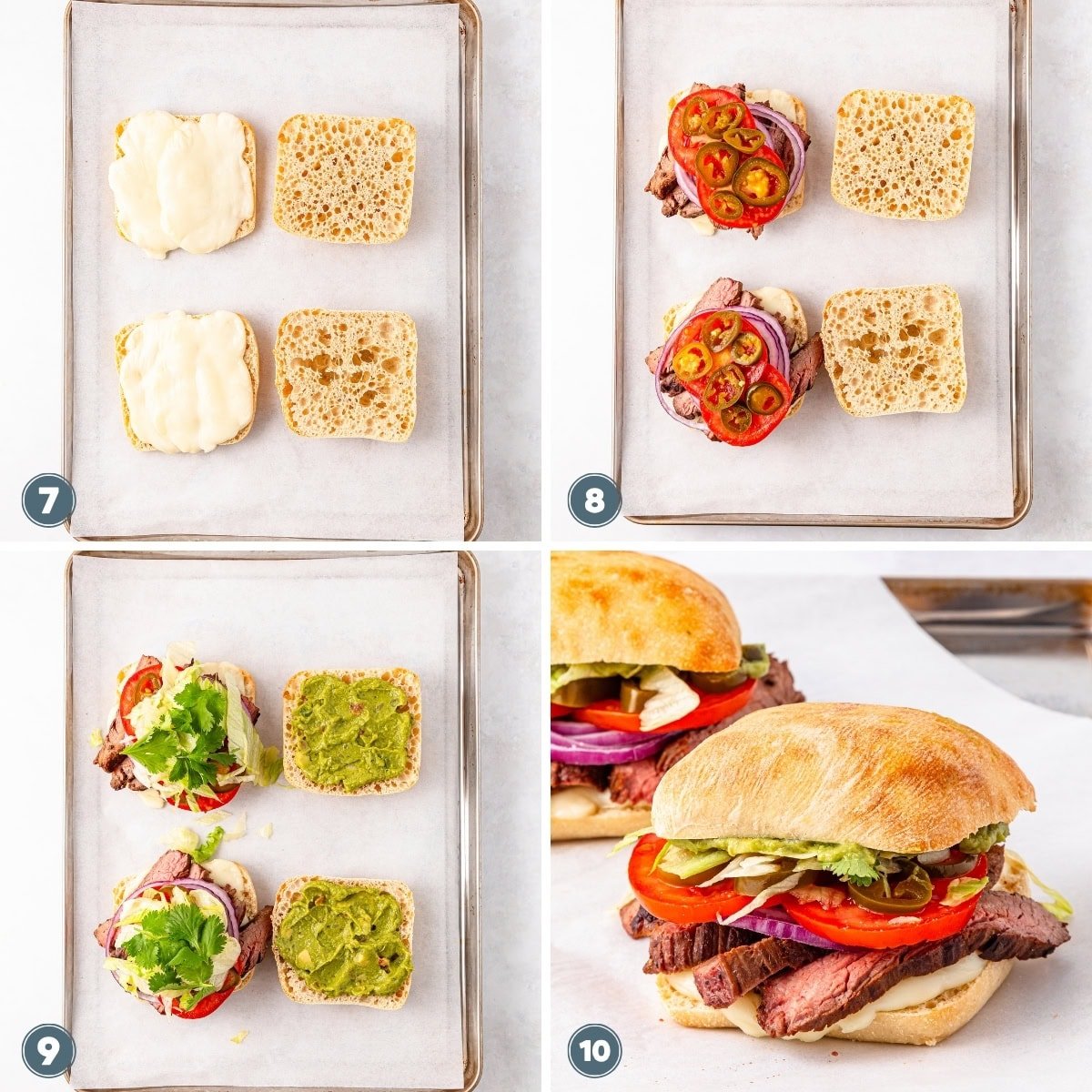 Assembling steak sandwiches with vegetables and ciabatta bread.