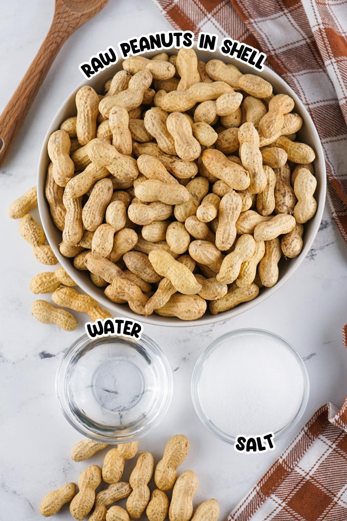 Bowl of raw peanuts in shell, water in a glass, and a bowl of salt on a table.