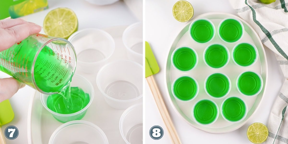 Green liquid poured into cups, and filled cups on a tray with limes nearby.