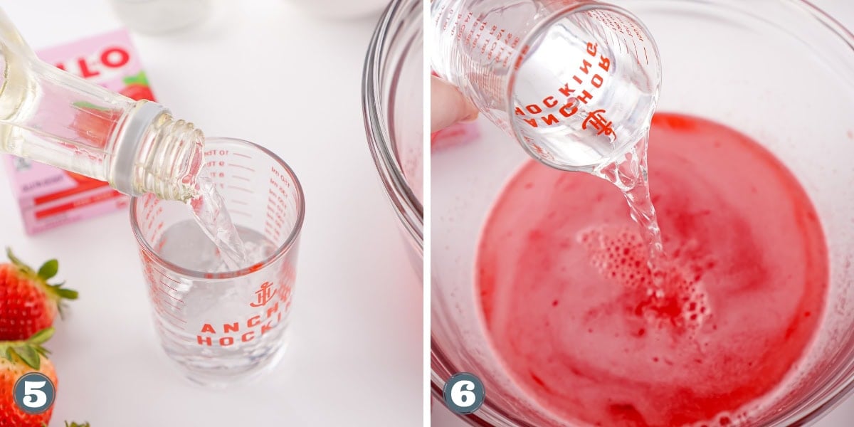 Pouring clear liquid into a measuring cup and into a bowl of red liquid.