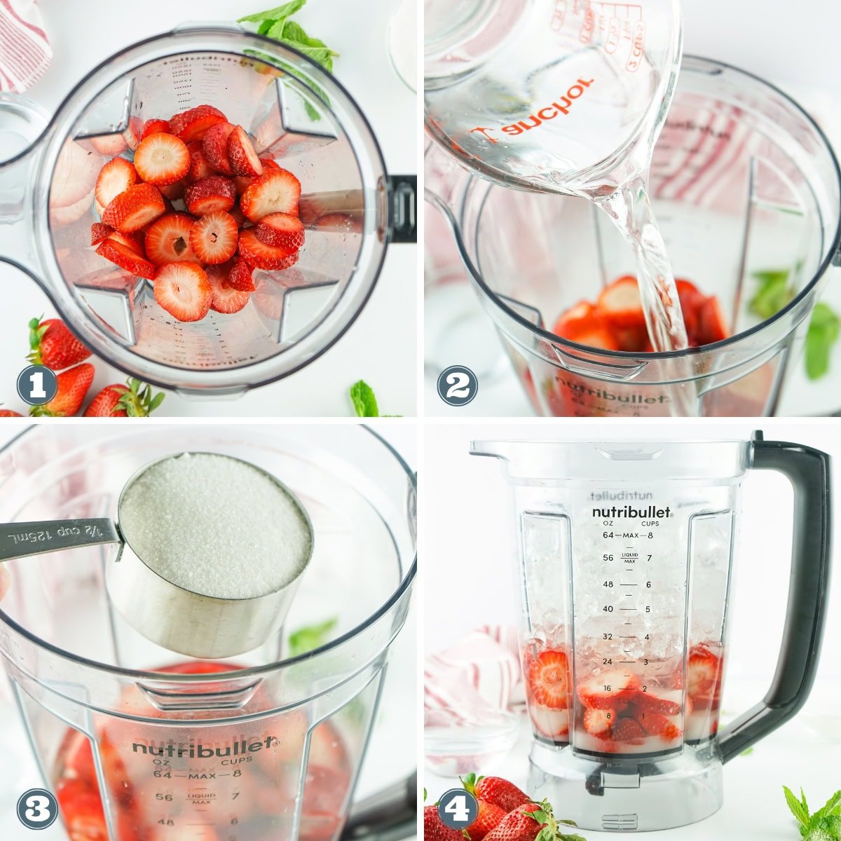 Strawberries, water, and sugar added to a blender in four steps.