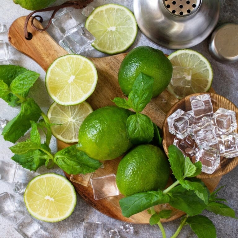 Fresh limes, mint, and ice cubes on a wooden board with a metal shaker nearby.