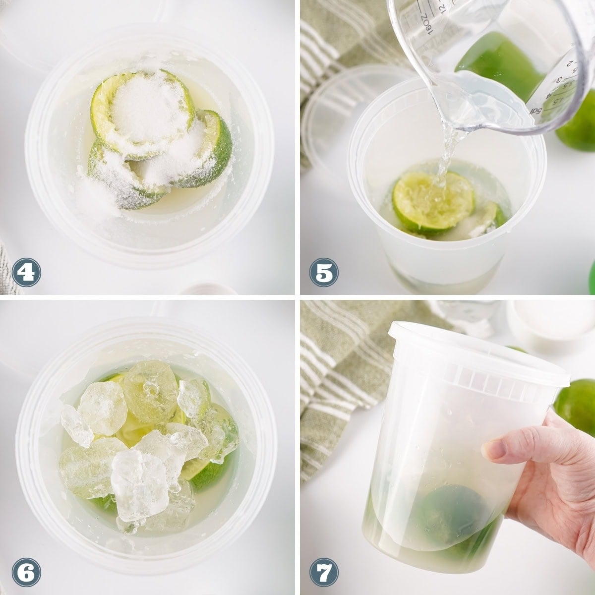 Lime drink with ice and sugar in a container.