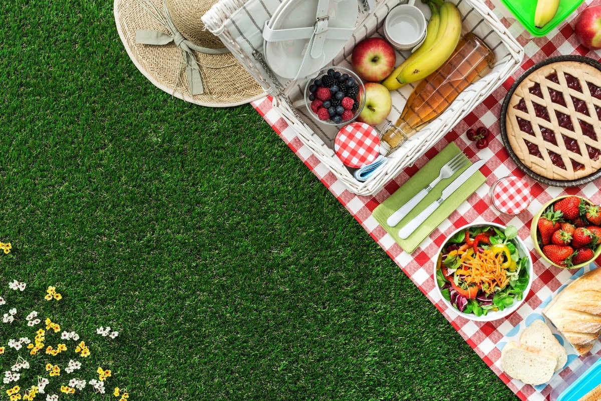 Picnic setup on grass with fruit, salad, pie, bread, and tableware on a red cloth.