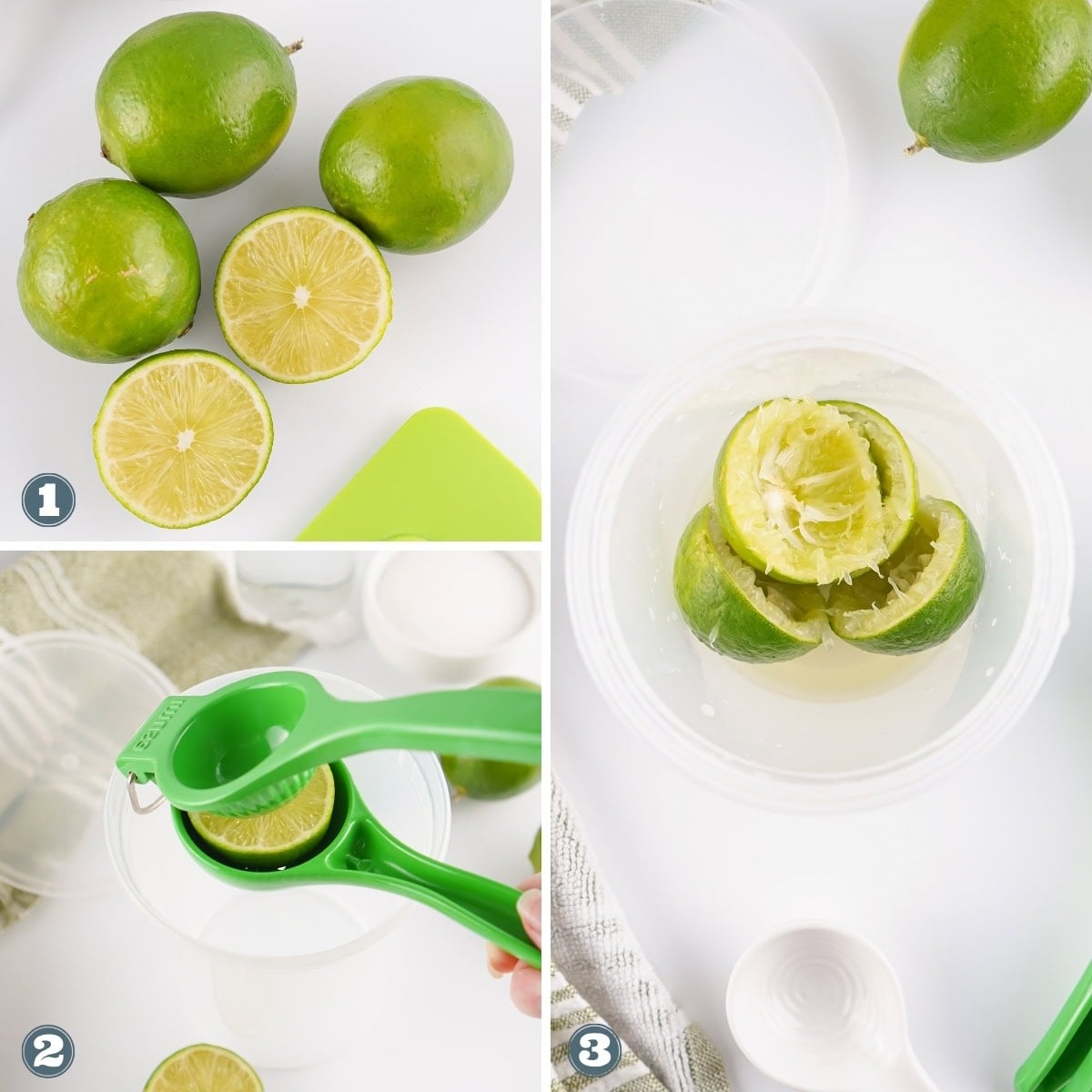 Limes being cut, squeezed, and juiced with a hand juicer.