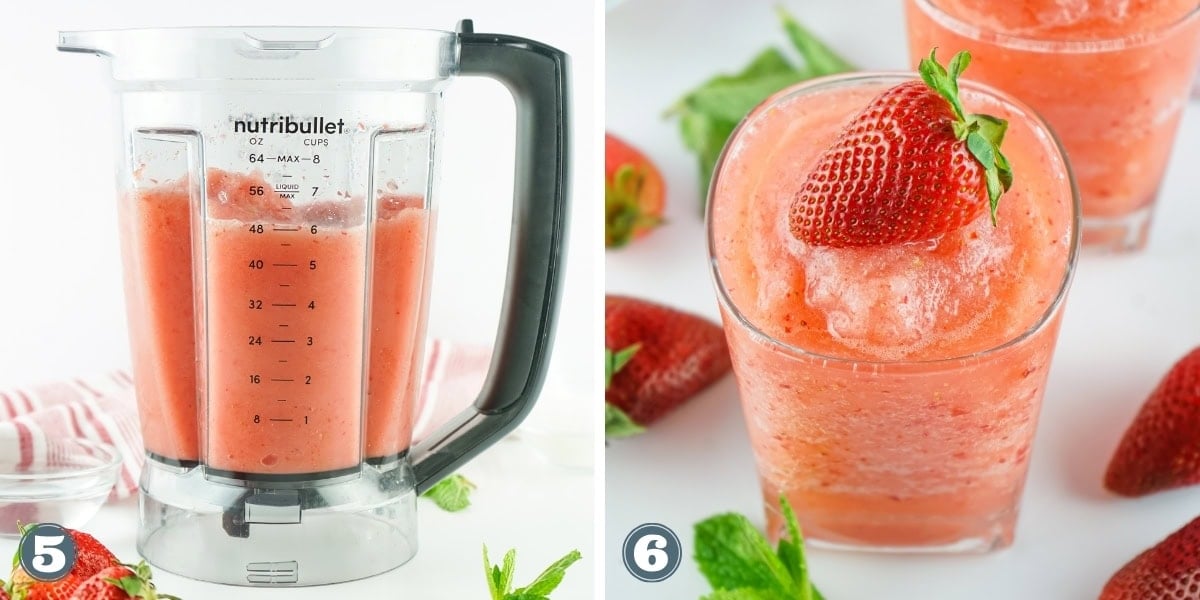 A blender with strawberry slush and a glass of slush with a strawberry on top.